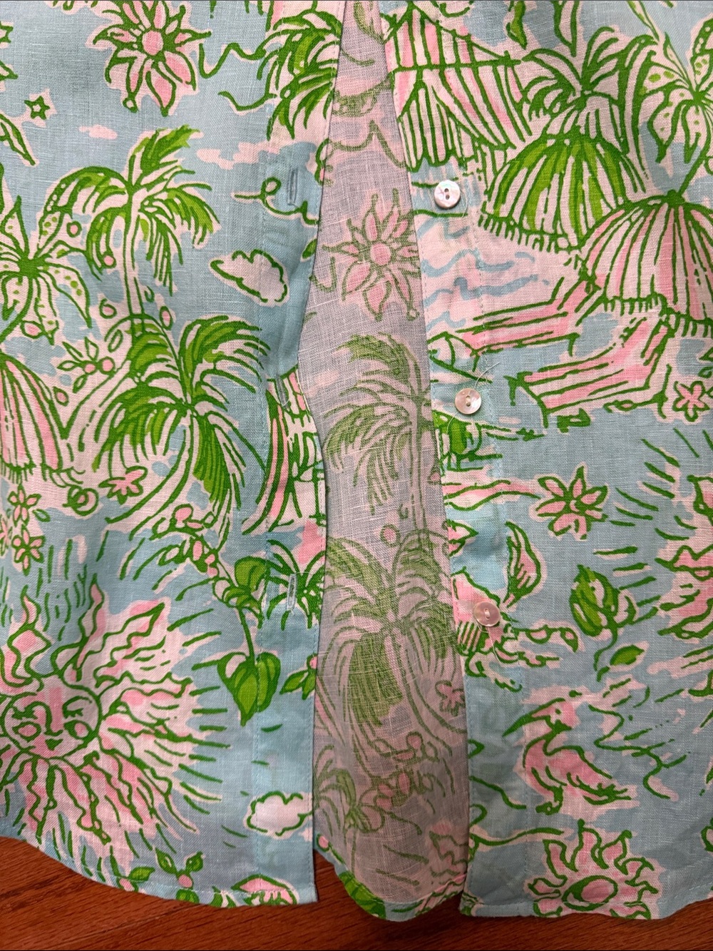Lilly Pulitzer Blue Green Pink Tropical Print Button-Up Blouse - Picture 7 of 9